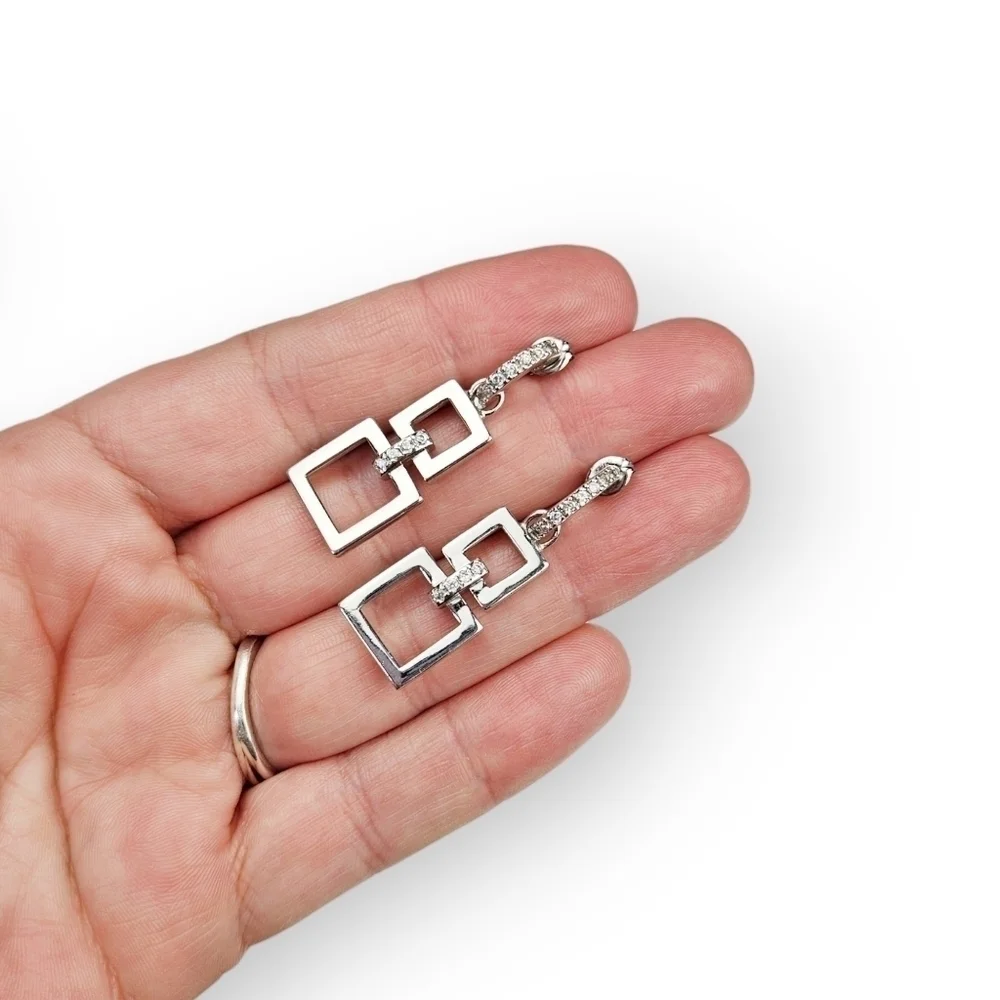 Sterling CZ Drop Post Earrings Rhodium Plated 925 Silver Double Square Prime Art